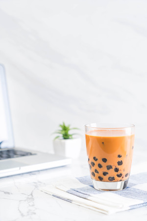 iced thai milk tea with bubbleの写真素材