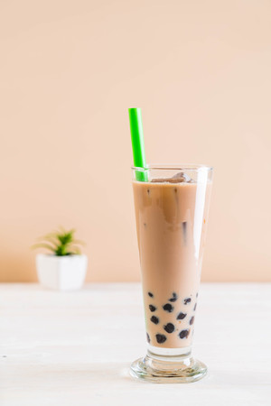 iced milk tea with bubbleの写真素材