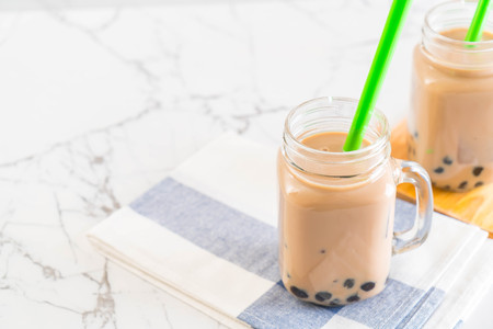 iced milk tea with bubbleの写真素材