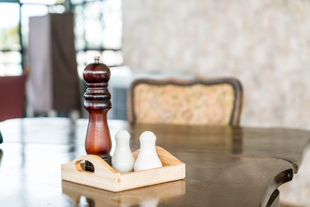 Pepper grinder and saltshaker on the tableの写真素材