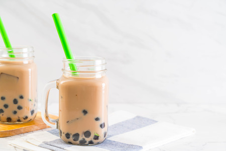 iced milk tea with bubbleの写真素材