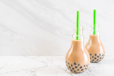 iced milk tea with bubbleの写真素材