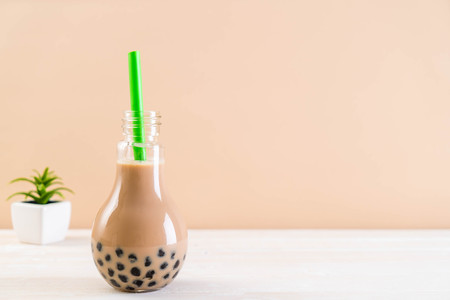 iced milk tea with bubbleの写真素材