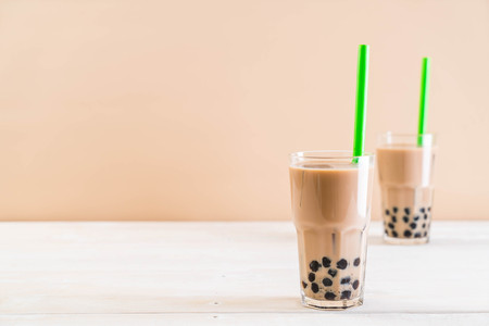 iced milk tea with bubbleの写真素材