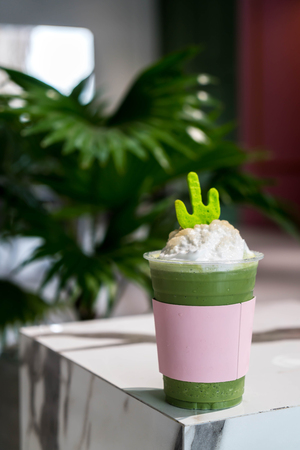 green tea frappe in cafeの写真素材