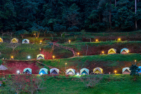 tent on the hill for campingの写真素材