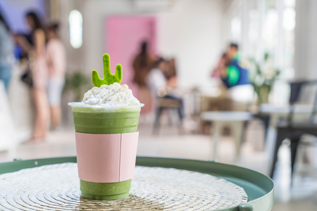 green tea frappe in cafeの写真素材