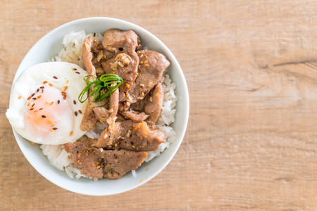 stir-fried pork with garlic on topped rice with egg - Asian food styleの写真素材