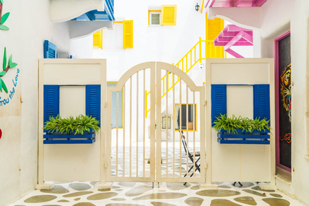 Beautiful Architecture building Exterior with santorini and greece style - Vintage light filterの写真素材