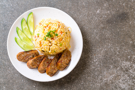 Fried Rice with Northern Thai Spicy Sausage on plateの写真素材