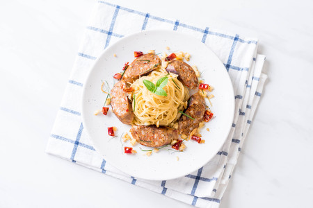 Stir-Fried Spaghetti with Sai Aua (Northern Thai Spicy Sausage) - Fusion food styleの写真素材