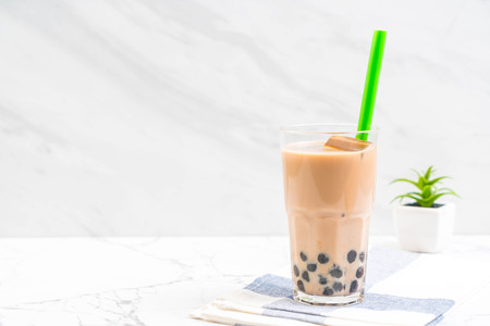 iced milk tea with bubbleの写真素材