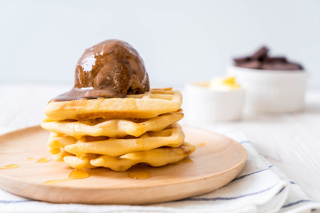 chocolate ice-cream with waffle and honeyの写真素材