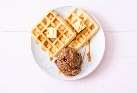 chocolate ice-cream with waffle and caramel sauceの写真素材