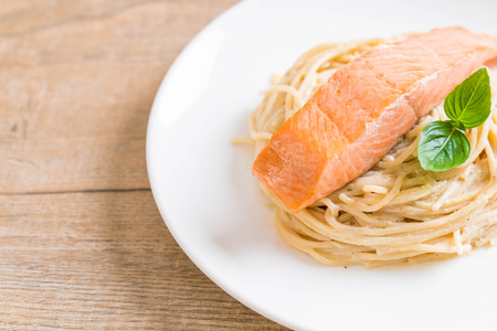 spaghetti cream cheese white sauce with salmon - Italian food styleの写真素材