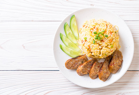 Fried Rice with Notrhern Thai Spicy Sausage on plateの写真素材