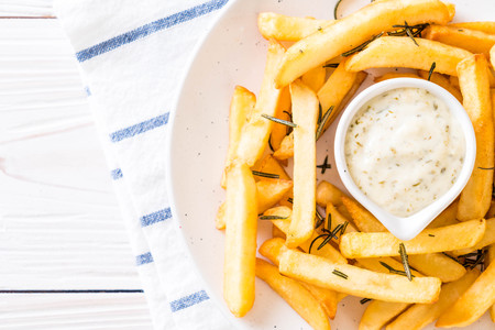 french fries with sauce - unhealthy foodの写真素材