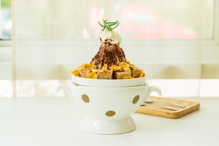 chocolate ice shave with bread and cornflakeの写真素材