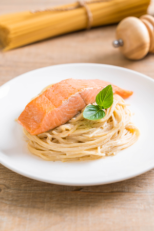 spaghetti cream cheese white sauce with salmon - Italian food styleの写真素材