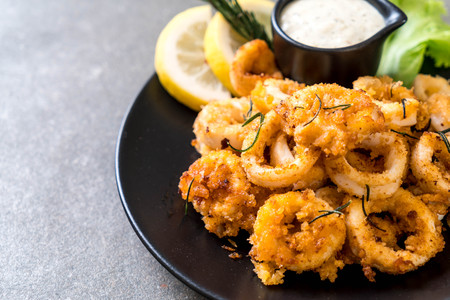 fried squids or octopus (calamari) with sauce - unhealthy foodsの写真素材