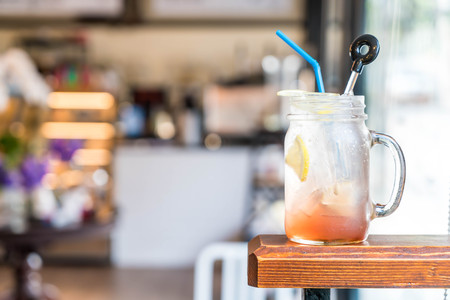 raspberry and lemon soda glass in cafeの写真素材
