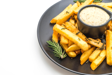 french fries with sauce isolated on white backgroundの写真素材
