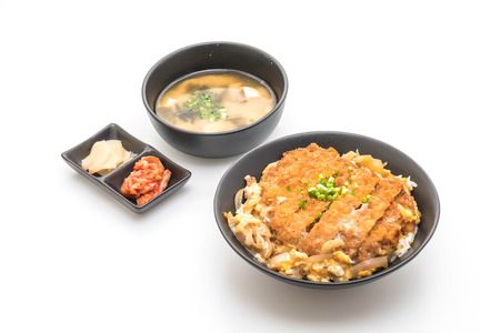 fried pork cutlet rice bowl (Katsudon) isolated on white backgroundの写真素材