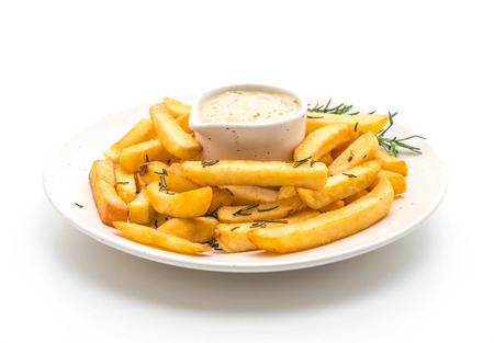french fries with sauce isolated on white backgroundの写真素材