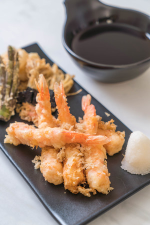 shrimps tempura (battered fried shrimps) with vegetable - japanese food styleの写真素材