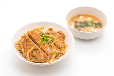 fried pork cutlet rice bowl (Katsudon) isolated on white backgroundの写真素材