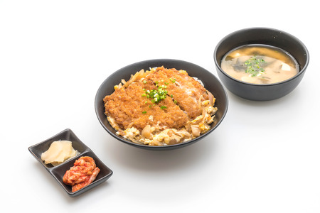 fried pork cutlet rice bowl (Katsudon) isolated on white backgroundの写真素材