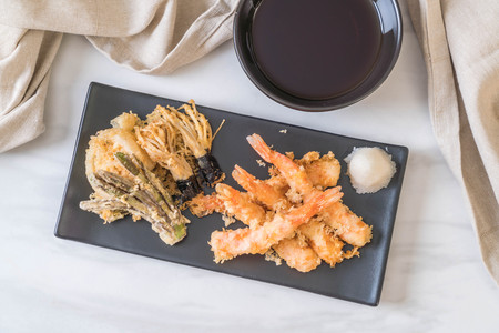 shrimps tempura (battered fried shrimps) with vegetable - japanese food styleの写真素材