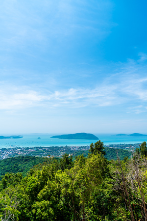 Phuket city skyline with sea beach and blue skyの写真素材