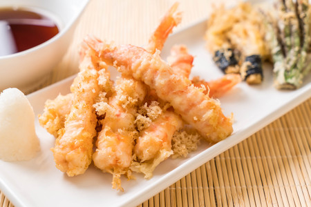 shrimps tempura (battered fried shrimps) with vegetable - japanese food styleの写真素材