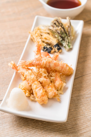 shrimps tempura (battered fried shrimps) with vegetable - japanese food styleの写真素材