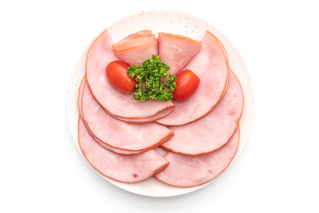 smoked ham sliced isolated on white backgroundの写真素材