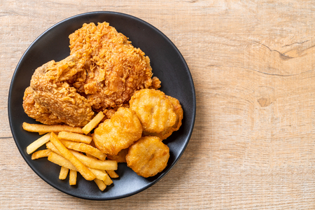 fried chicken with french fries and nuggets meal - junk food and unhealthy foodの写真素材
