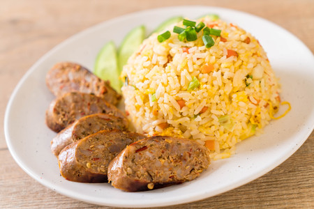 Fried Rice with Notrhern Thai Spicy Sausage on plateの写真素材