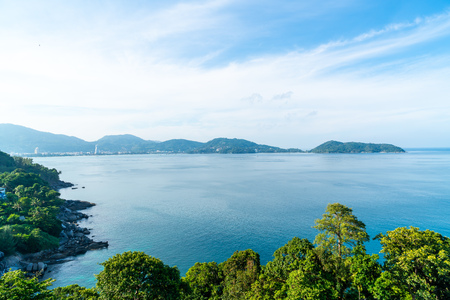 Aerial view with beautiful tropical sea and beach landscape for travel - Holiday Vacation conceptの写真素材
