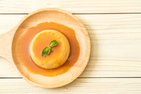 homemade caramel custard pudding with mint