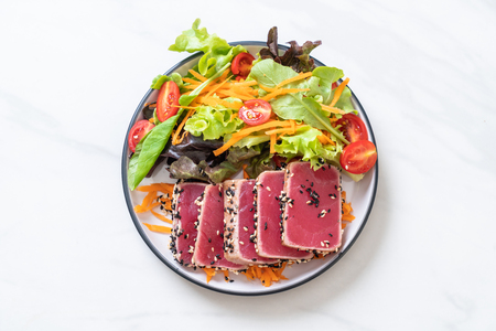 fresh tuna raw with vegetable salad - healthy foodの写真素材