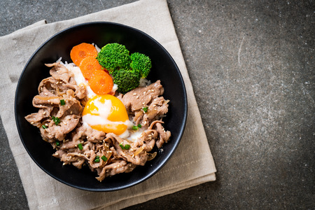 donburi, pork rice bowl with onsen egg and vegetable - japanese food styleの写真素材