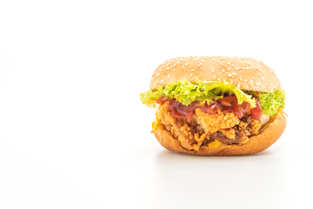 fried chicken burger isolated on white background - unhealthy food styleの写真素材