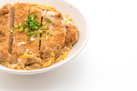 fried pork cutlet rice bowl (Katsudon) isolated on white backgroundの写真素材