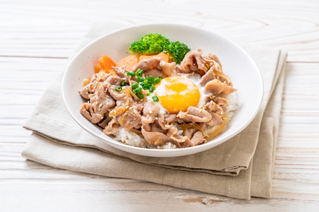 donburi, pork rice bowl with onsen egg and vegetable - japanese food styleの写真素材