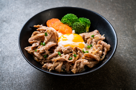 donburi, pork rice bowl with onsen egg and vegetable - japanese food styleの写真素材