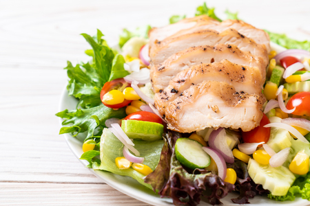 Healthy salad bowl with chicken breast - healthy food styleの写真素材