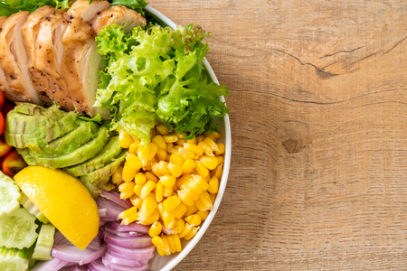 Healthy salad bowl with chicken breast - healthy food styleの写真素材