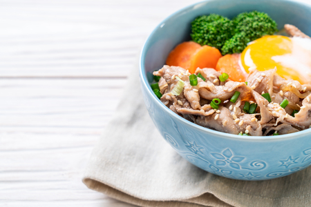 donburi, pork rice bowl with onsen egg and vegetable - japanese food styleの写真素材