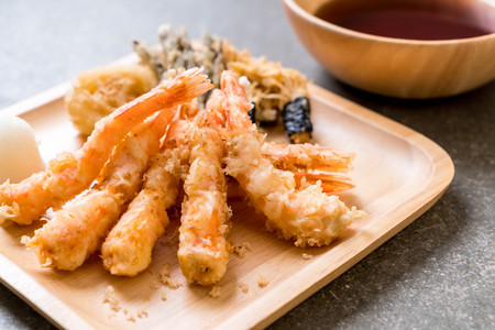 shrimps tempura (battered fried shrimps) with vegetable - japanese food styleの写真素材